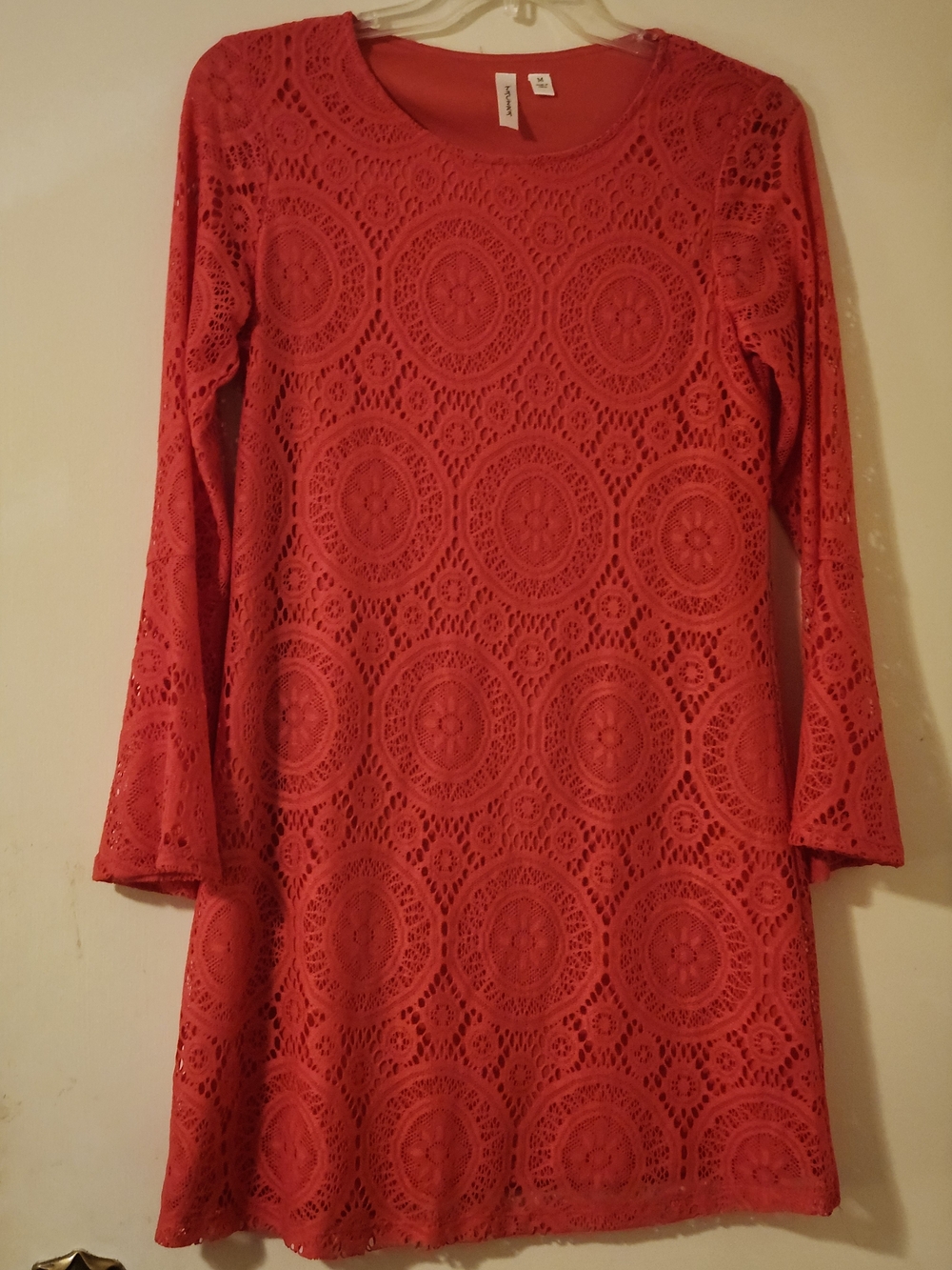 Tacera Coral Romantic Lace Circle Floral-Pattern Bell Long Sleeve Dress M